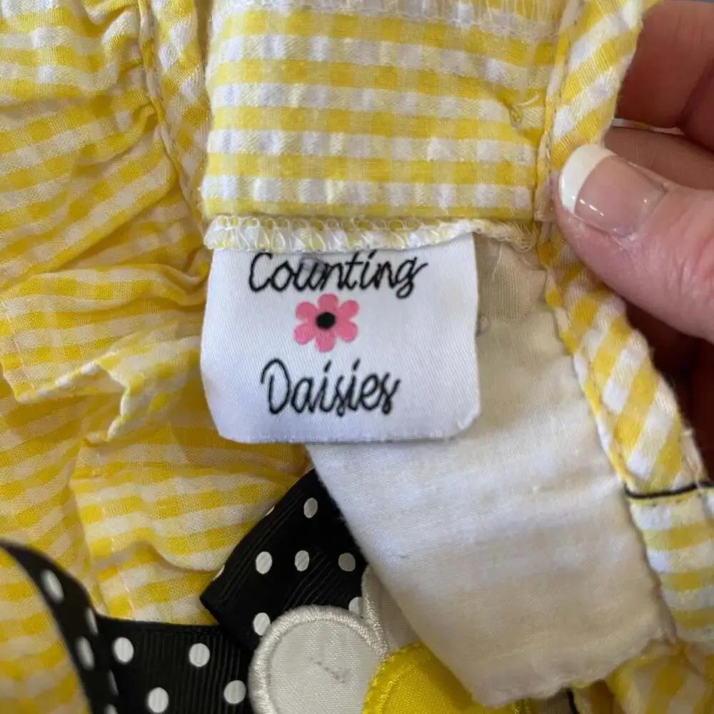 Yellow Seersucker Gingham Bumblebee Dress w/ Daisy Bow & Polka Dot Ruffle Hem